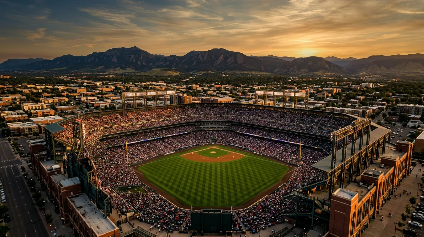 Vista aérea del Coors Field al atardecer, estadio con mayor run index de MLB