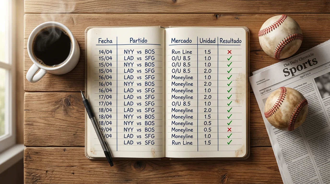 Cuaderno con anotaciones de registro de apuestas MLB y unidades junto a una taza de café