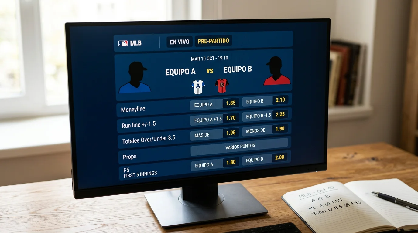 Pantalla con cuotas de moneyline y run line en un partido MLB