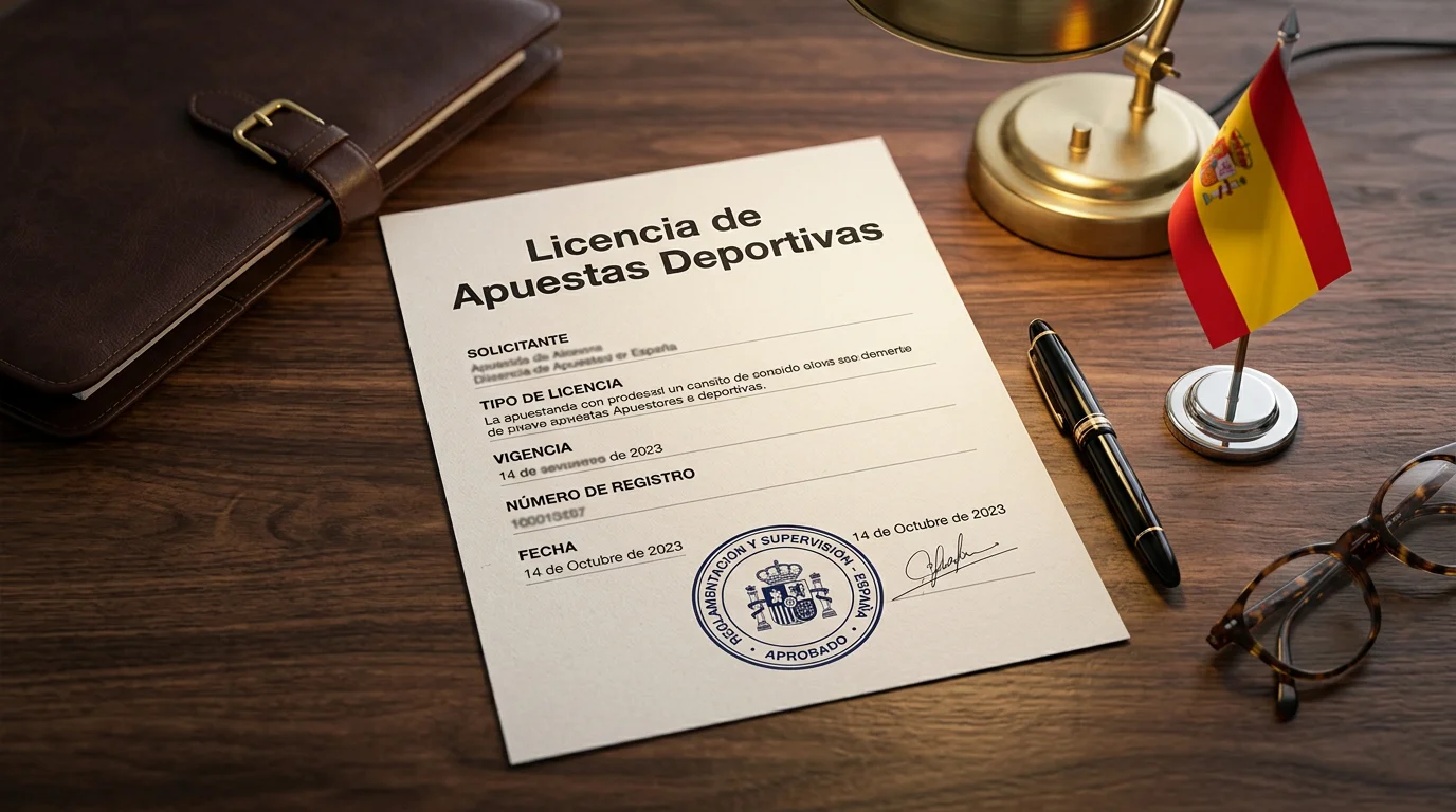 Documento oficial de licencia DGOJ sobre escritorio con bandera de España